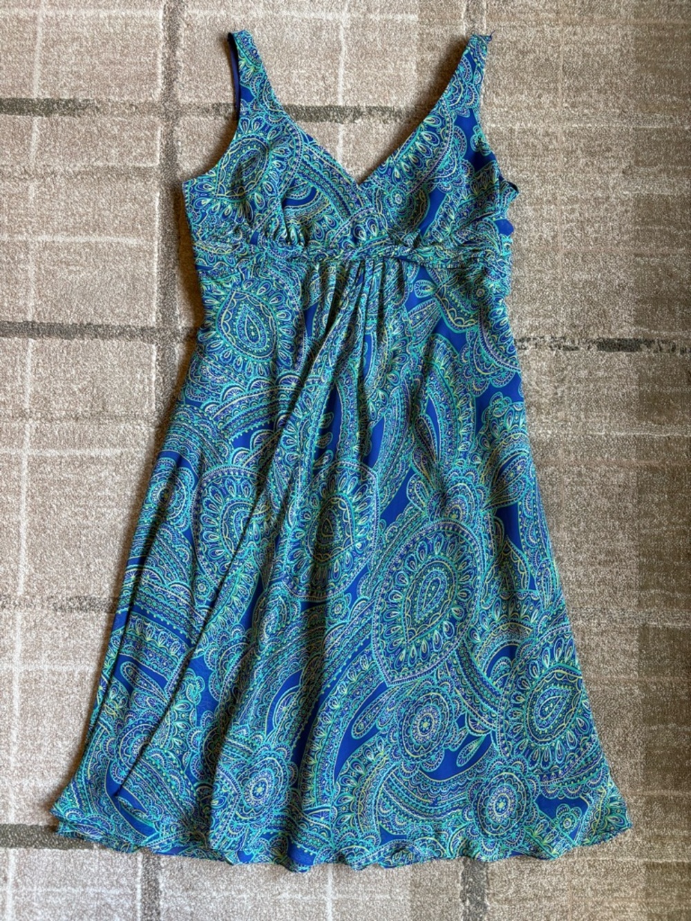 Jones New York Size 12 Blue Green Paisley Sleeveless V-Neck Flowy Midi Dress EUC